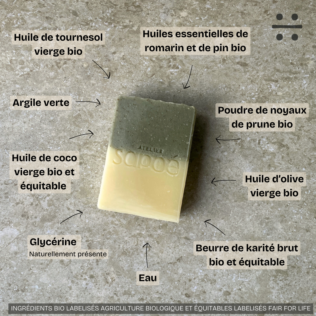 Savon exfoliant à l'argile verte, au romarin et pin sylvestre bio